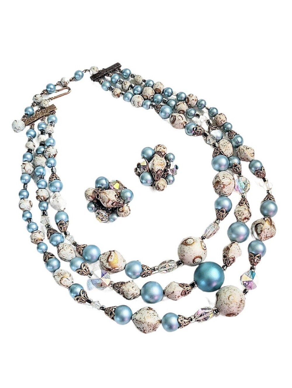 🆕Vintage 3 Strand Blue Gold AB Glass Crystal Bead Necklace Cluster Earrings Set
